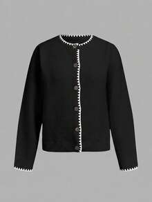 SHEIN BASICS Cardigan de punto con bordado de concha en contraste de color, adecuado para salidas de otoño/invierno, de vuelta a la escuela - Negro - Ver 4