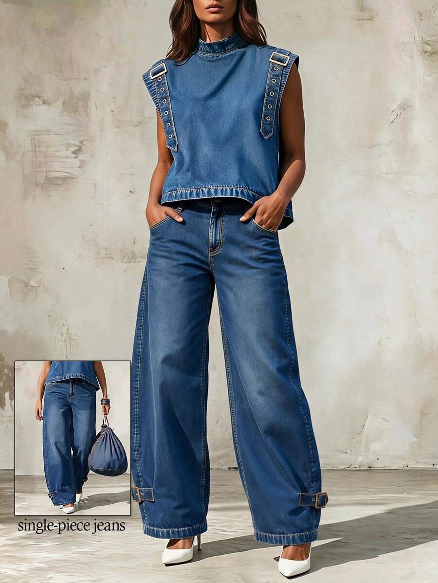 Balvessa Women's Casual Washed Curved Leg Jeans - Blue - View 1