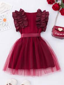 Glamorique Kids Baby Girls' Ruffled Cap Sleeve Ribbed Mesh Round Neck Summer Princess Casual Dress With Belt - Burgundy - View 3