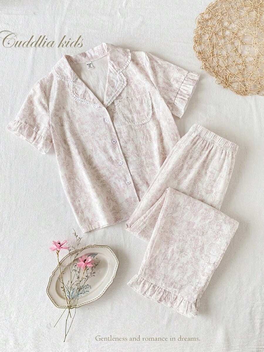 Conjunto informal de 2 piezas para niña preadolescente - Camiseta con cuello de volantes y pantalón, estampado de flores y líneas de conejo, color rosa claro, ropa de estar en casa cómoda, pijama para niña - Rosa Pálido - Ver 1