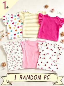 SHEIN (Random Pattern, 1 Pc Random) Girls' Fresh Cute Colorful Heart Floral Stripe Cherry Pattern Basic Flutter Sleeve Short T-Shirt, Casual Wear - Pink - View 2