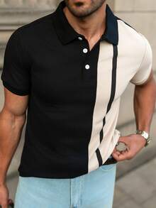 YOUESAWY YOUESAWY 男士拼色四分之一纽扣工作休闲 Polo 衫，男友礼物 - 黑色 - 查看 4
