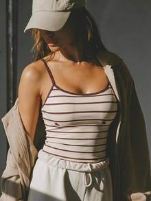Voyena Women's Plus Size Striped Colorblock Fitted Versatile Casual Daily Wear Camisole Sports T-Shirt - Yellow - View 4