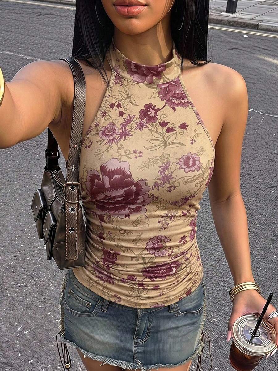 SHEIN ICON Y2K Summer Going Out Boho Western Country Concert Women's Sexy Backless Floral Print Halter Neck Top, Summer - Multicolor - View 1