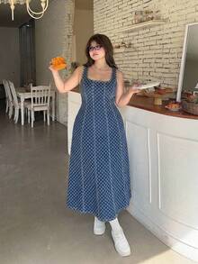 SHEIN MOD 大尺碼女款優雅夏季牛仔洋裝，百搭可愛，適合度假、奢華風、秋冬通勤，藍色洋裝，適用夏季、度假、派對、約會 - 藍色 - 查看 4