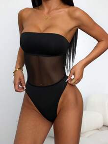 SHEIN PETITE Bodysuit Wanita Warna Polos dengan Sambungan Jala, Seksi Tanpa Lengan, Pas Badan, untuk Wanita Bertubuh Mungil - Hitam - View 4