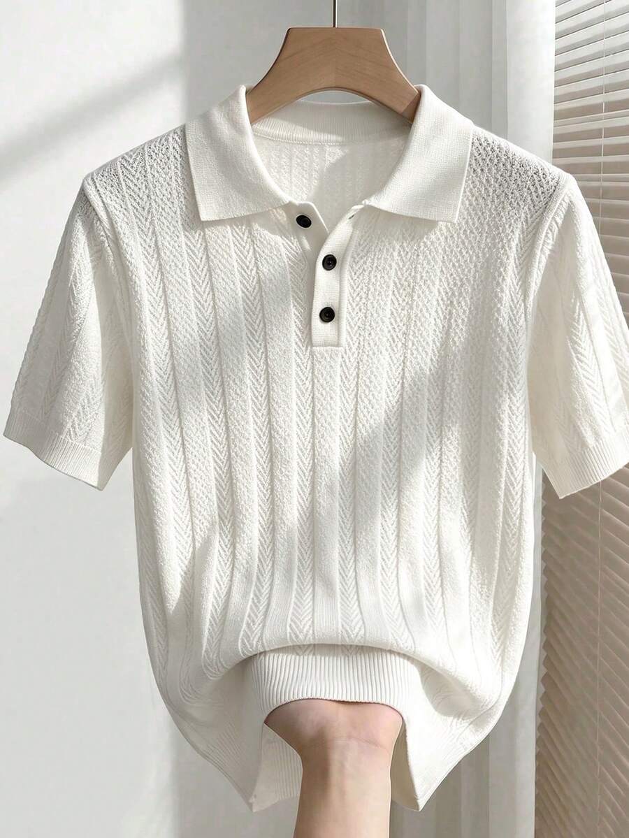 Manfinity Homme 男士休閒通勤正裝版型秋冬白色短袖 Polo 領針織上衣,男士休閒通勤上衣,白色針織上衣,秋冬上衣,男士辦公穿搭,基礎上衣 - 白色 - 查看 1