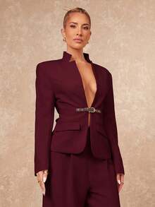 Lumalex Early Spring High Collar, Front Mid-Deep V-Neck, Contrast Color Leather Button - Burgundy - View 7