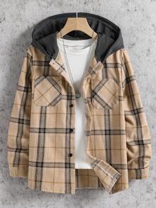 Vacaura 1pc Boys' Plaid Hooded Jacket, Autumn/Winter Casual Daily Commute Outfit - Khaki - View 1