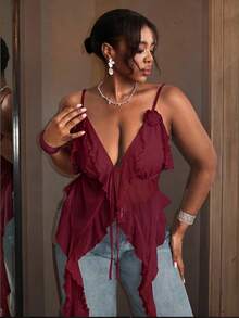 Sassy Hour Plus Size Sexy Ruffle Camisole Blouse, Summer Club Party Burgundy - Red - View 6