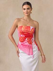 Almamuse Women's Oversized Floral Print Asymmetric Hem Tube Top Vacation Top - Multicolor - View 1