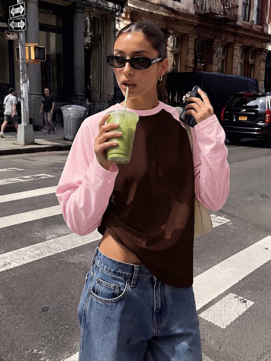 Athîral Women's Loose Yellow & Blue Colorblock Crew Neck Long Sleeve Casual T-Shirt, Back To School - Baby Pink - View 1