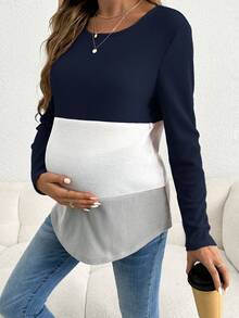 SHEIN 孕婦休閒拼色拼接哺乳T恤 秋季 - 藍色 - 查看 3