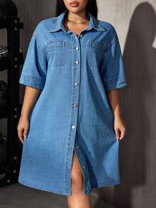 SHEIN Essnce Gaun Denim Kasual Harian Wanita Ukuran Plus dengan Kancing Tunggal - Medium Wash - View 8