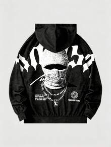 SHEIN 青少年男孩嘻哈時尚字母印花長袖秋季運動衫 - 黑與白 - 查看 2