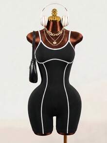 Mistrie Women's Seamless Sports Yoga Tank Top & Shorts Jumpsuit/Color Block Design/Fashionable & Sexy/Comfortable/Versatile - Black - View 3