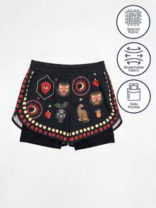 CAJUNI Women's Sports Shorts, Decorated With Tropical Style Heart And Eye Pattern - Multicolor - View 7