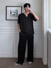 DAZY Spring Black Knit Polka Dot Comfortable Fabric T-Shirt With Elastic Waist Long Pants Men's Loungewear Set - Black - View 5