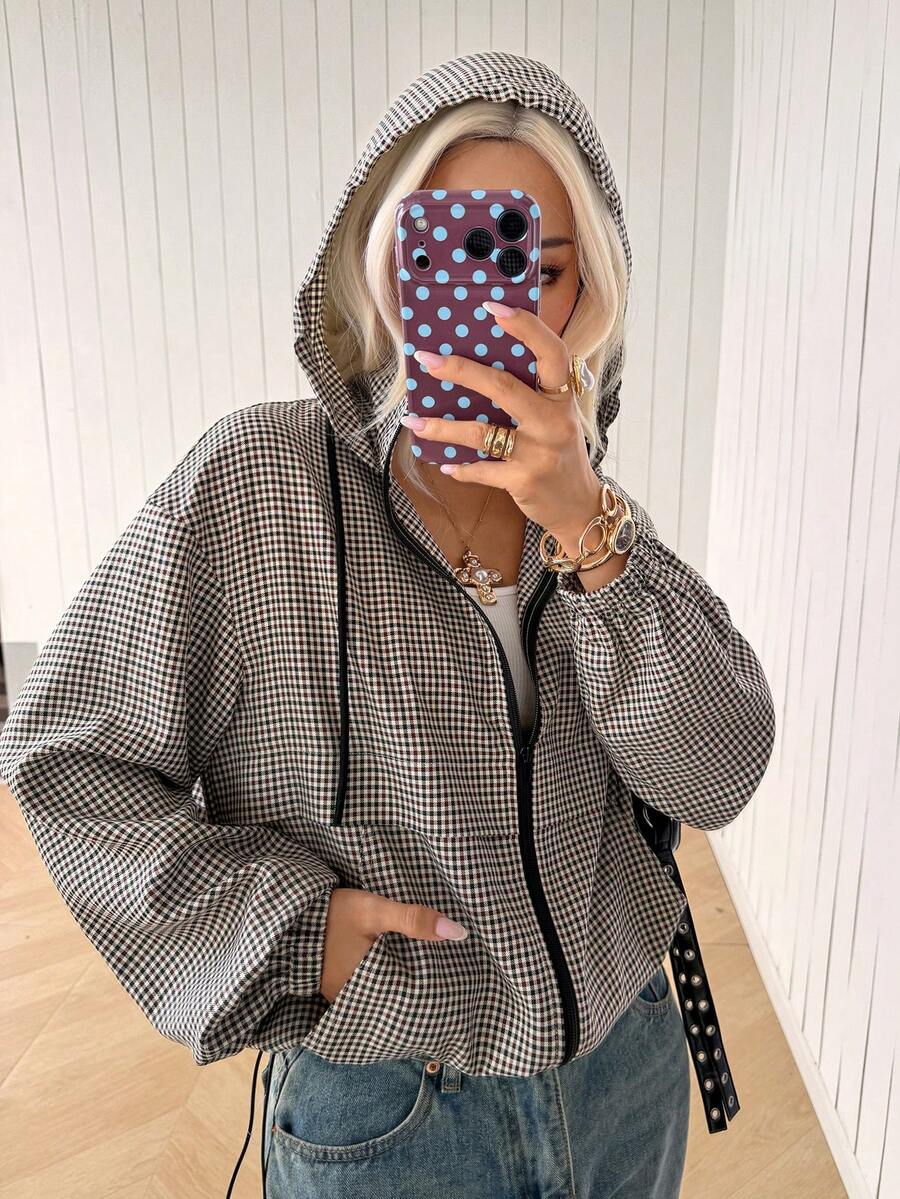 SHEIN EZwear 女款休閒百搭格紋高領連帽夾克,標準版型復古學院運動風 - 摩卡棕 - 查看 1