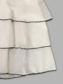 SHEIN LUNE Off-White 夏季優雅休閒熱帶茶會海灘度假風 絲綢V領黑色包邊雙層蛋糕式胸衣裙 不對稱設計 - 杏色 - 查看 6