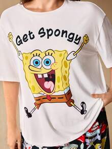 SpongeBob SquarePants | SHEIN 大尺碼可愛卡通印花圓領上衣與寬鬆長褲睡衣套裝 - 黑色 - 查看 5