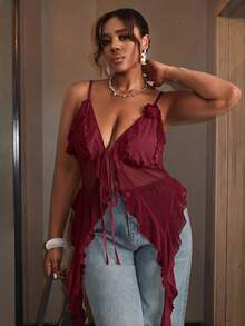 Sassy Hour Plus Size Sexy Ruffle Camisole Blouse, Summer Club Party Burgundy - Red - View 8
