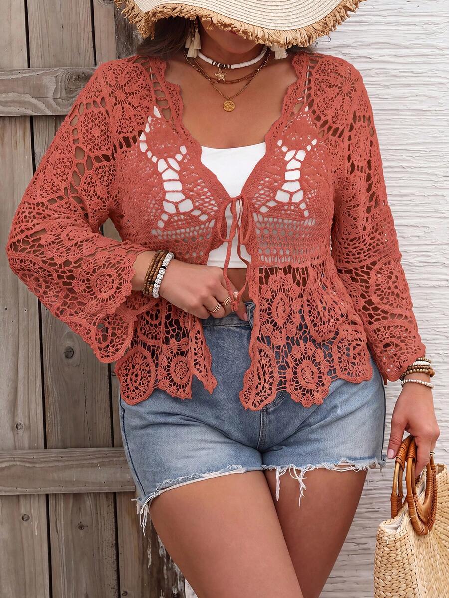 SHEIN VCAY Cardigan de punto calado para vacaciones talla grande - Rosa coral - Ver 1
