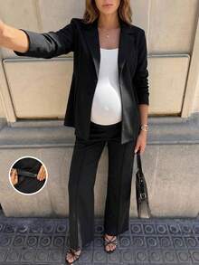 SHEIN Maternity Casual Commute Solid Color Jacket And Pants Suit 2 Pieces Set Fall - Black - View 2