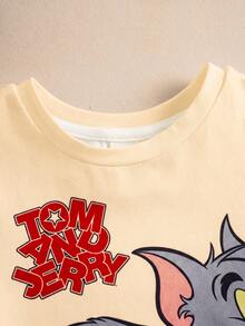 TOM & JERRY X SHEIN 男嬰卡通印花T恤與條紋短褲套裝 - 橘色 - 查看 4