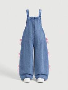 SHEIN Girls' Blue Denim Ruffled 3D Big Bow Loose Overalls - Light Wash - View 2