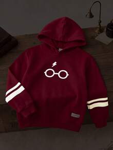 PrepCrw HARRY POTTER X SHEIN 青少年男孩眼鏡圖案印花長袖連帽衛衣，適合返校與外出穿著 - 酒紅色 - 查看 2