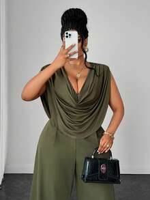 Maweii Plus Size Sexy Cowl Neck Sleeveless Top & High Waist Wide Leg Straight Green Pants 2 Pieces Set - Green - View 2