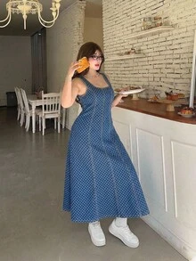 SHEIN MOD 大尺碼女款優雅夏季牛仔洋裝，百搭可愛，適合度假、奢華風、秋冬通勤，藍色洋裝，適用夏季、度假、派對、約會 - 藍色 - 查看 5