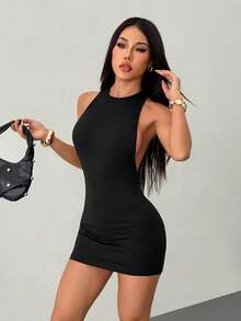 SHEIN PETITE 純色 I 字肩帶露背性感休閒迷你洋裝 - 黑色 - 查看 4