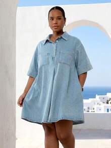 ELLERISSA Plus Size Light Wash Dropped Shoulder Denim Swing Dress With Pockets - Light Wash - View 4