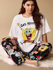 SpongeBob SquarePants | SHEIN 大尺碼可愛卡通印花圓領上衣與寬鬆長褲睡衣套裝 - 黑色 - 查看 1