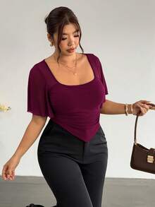 Firerie Plus Size Summer Elegant Solid Color Asymmetrical Hem T-Shirt - Burgundy - View 6