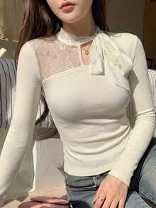 DAZY Top de capa base de punto con cuello semi alto y cinta de encaje para mujer - Albaricoque - Ver 1