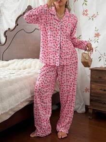 CottageSlumber Romantic Floral Pink Rose Print Long Sleeve Long Pants Collared Pajama Set - Multicolor - View 3