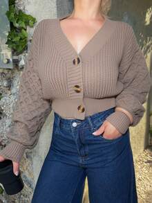 Jeta Ari Cable Knit Drop Shoulder Cardigan,Long Sleeve Tops Fall Winter Cloth For Women - Khaki - View 6
