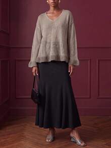 Zivah Autumn Casual Minimalist Solid Color Ruffle Hem Sweater Brunch Light Grey - Grey - View 9
