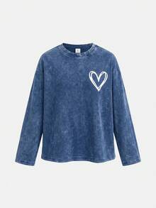 Teen Girls Heart Pattern Blue Knit Denim Loose T-Shirt & Pants 2pcs Set - Blue - View 4