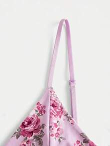 lacRébo Pink Satin Lingerie Set With Floral Print, Triangle Bra And Matching Thong Cute Chic Style - Multicolor - View 3