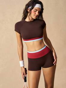 VARSIVA Women's Colorblock Short Sleeve Top And Shorts Casual Daily Sports Set - Multicolor - View 8