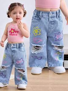 SHEIN Baby Girl Heart & Floral Print Button Distressed Denim Jeans - Light Wash - View 7