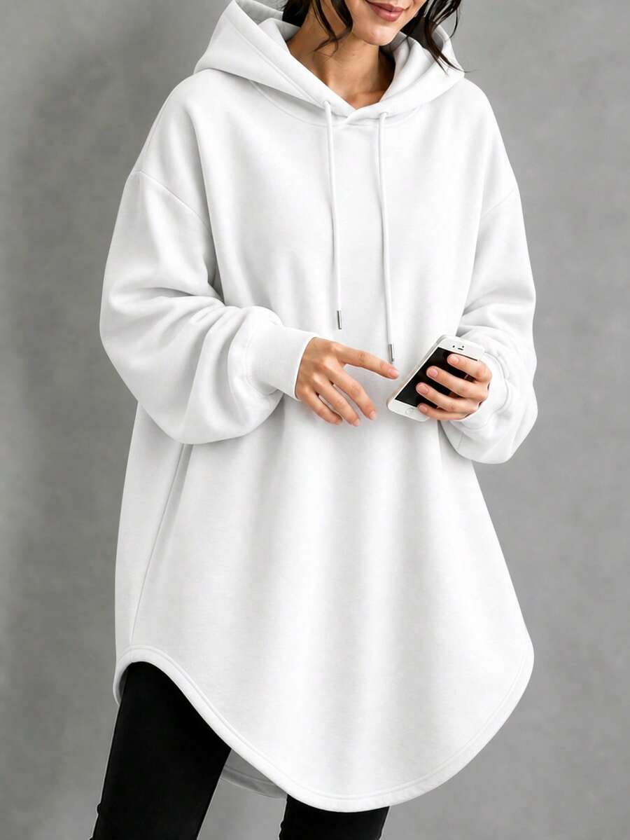 INAWLY Women's Solid Color Drop Shoulder Long Sleeve Loose Drawstring Sweatshirt - White - View 1