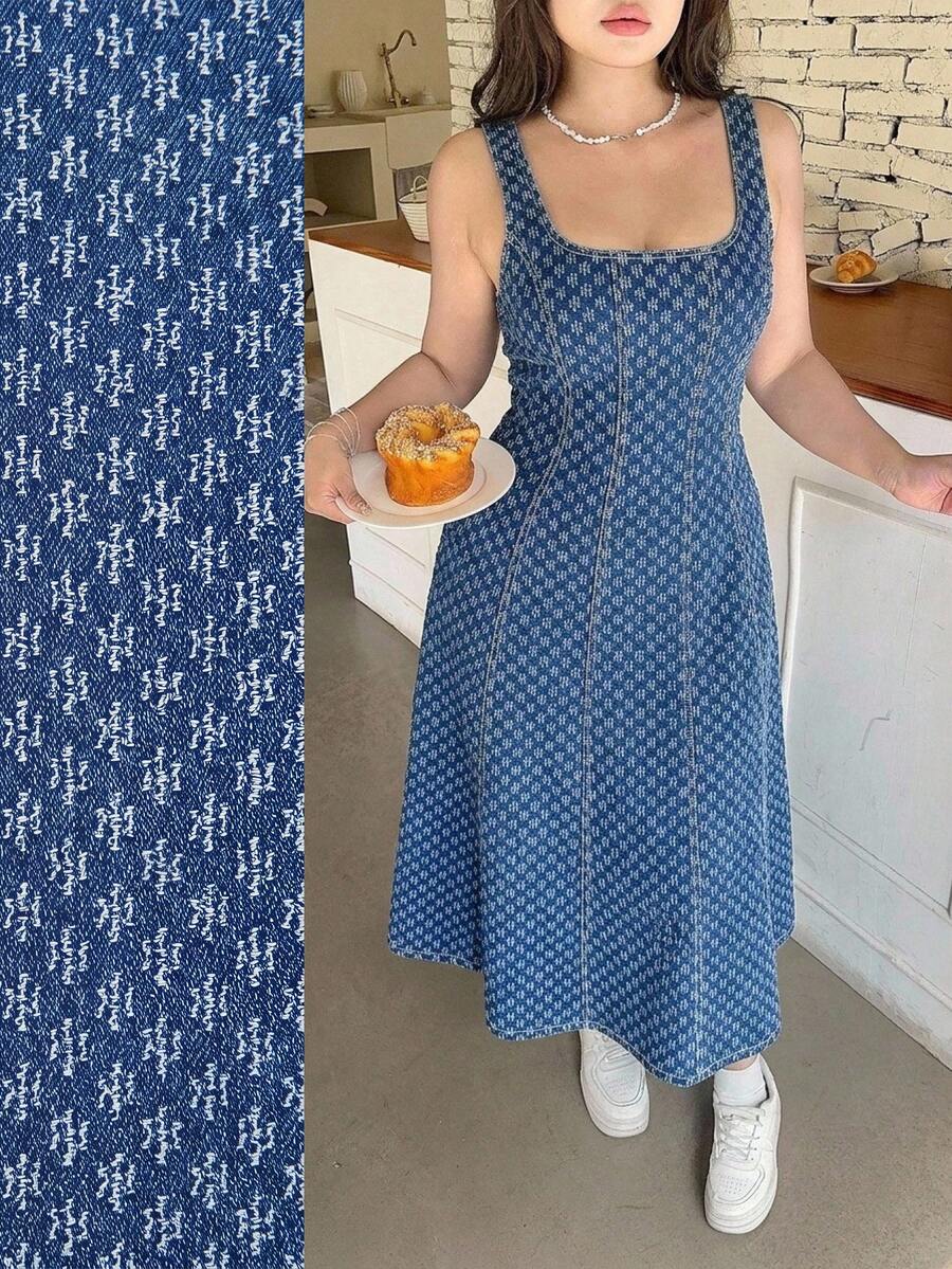SHEIN MOD 大尺碼女款優雅夏季牛仔洋裝,百搭可愛,適合度假、奢華風、秋冬通勤,藍色洋裝,適用夏季、度假、派對、約會 - 藍色 - 查看 1