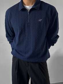 DAZY Navy Blue Textured Knit Fabric Letter Embroidered Stand Collar Half-Zip Pullover Sweatshirt For Men Fall - Navy Blue - View 4