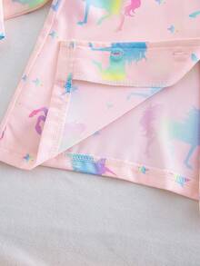 SHEIN Explorewe 2件組女孩睡衣套裝，獨角獸螢光睡衣，UV光下發光，粉色翻領長袖鈕扣襯衫搭配長褲，魔幻螢光獨角獸與星星圖案，適合四季，節日禮物，睡眠必需品 - 彩色 - 查看 6
