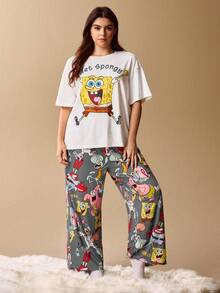 SpongeBob SquarePants | SHEIN 大尺碼可愛卡通印花圓領上衣與寬鬆長褲睡衣套裝 - 灰色 - 查看 3